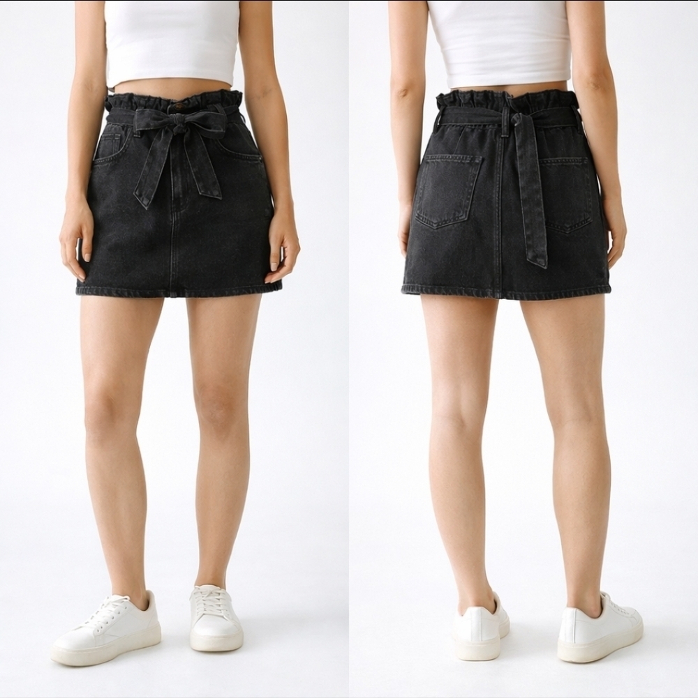 H&M Paperbag Waist Denim Mini Skirt Belted High Rise Dark Wash Minimalist Size 2